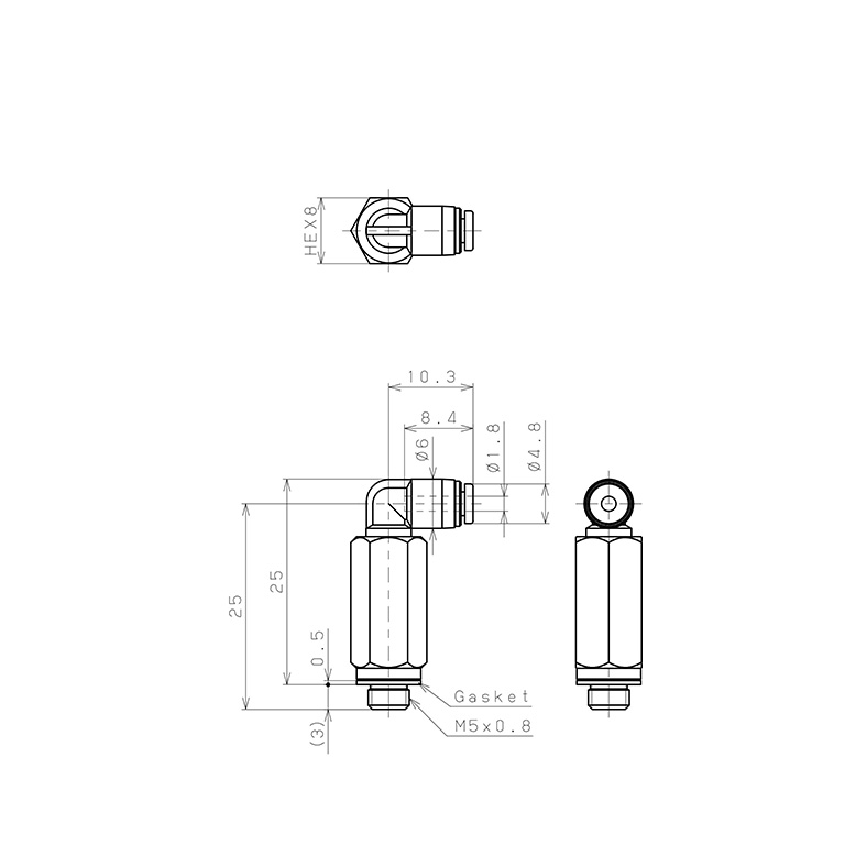 Bản vẽ kỹ thuật Đầu Nối Nhanh Khí Nén Dạng Cong 90° Ren Ngoài (Dài) Pisco PLL180-M5M