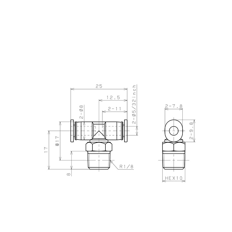 Bản vẽ kỹ thuật Đầu Nối Nhanh Khí Nén Dạng Chữ T Ren Ngoài Pisco PB5/32-01M