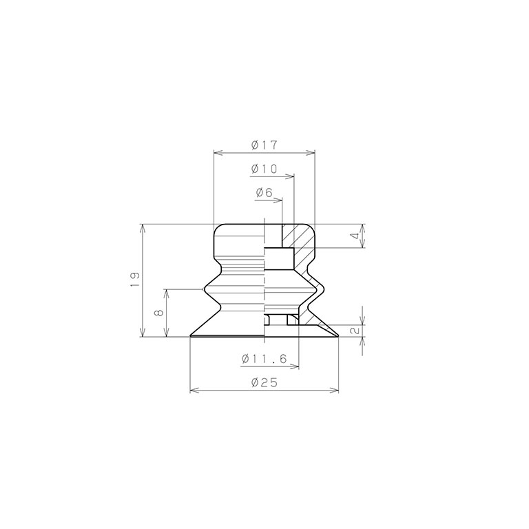 Bản vẽ kỹ thuật Đầu Nấm Hút Chân Không Dạng Lò Xo, Nitrile, O.D 25 mm, Pisco VP25BN