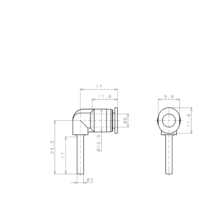Bản vẽ kỹ thuật Đầu Nối Nhanh Khí Nén Giữa Ống Khí Và Fitting Dạng Nối Giảm Cong 90° Pisco PLGJ3-6MW