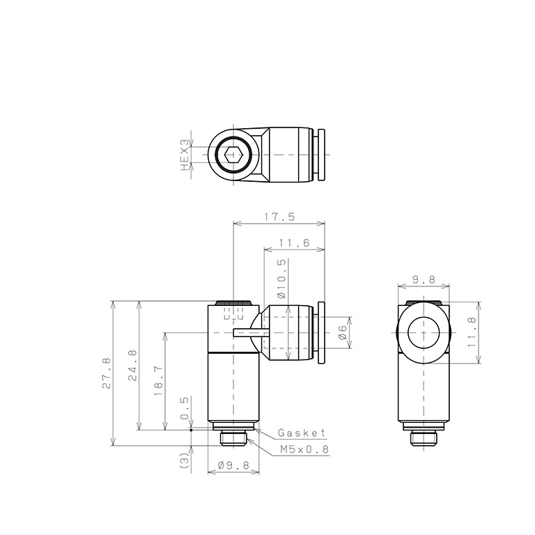 Bản vẽ kỹ thuật Đầu Nối Nhanh Khí Nén Dạng Cong 90° (Dài) Đầu Lục Giác Chìm Ren Ngoài Pisco POLL6-M5M