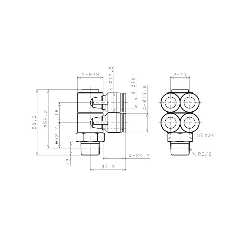 Bản vẽ kỹ thuật Đầu Nối Nhanh Khí Nén Bốn Nhánh Cong 90° Thân Lục Giác Trụ Ren Ngoài Pisco SPAW10-03