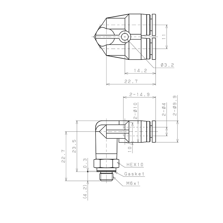 Bản vẽ kỹ thuật Đầu Nối Nhanh Khí Nén Hai Nhánh Cong 90° Ren Ngoài Pisco SPAX4-M6