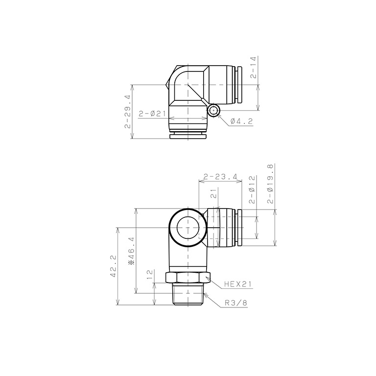 Bản vẽ kỹ thuật Đầu Nối Nhanh Khí Nén Hai Nhánh Chạc Ba Cong 90° Ren Ngoài Pisco SPVX12-03