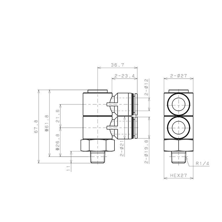Bản vẽ kỹ thuật Đầu Nối Nhanh Khí Nén Hai Nhánh Cong 90° Thân Lục Giác Trụ Ren Ngoài Pisco PHW12-02W