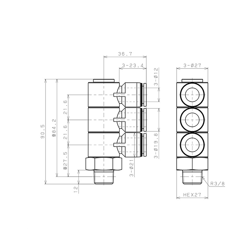 Bản vẽ kỹ thuật Đầu Nối Nhanh Khí Nén Ba Nhánh Cong 90° Thân Lục Giác Trụ Ren Ngoài Pisco PHT12-03-C