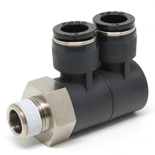 Đầu Nối Nhanh Khí Nén Hai Nhánh Cong 90° Thân Lục Giác Trụ Ren Ngoài Pisco PHW12-03W