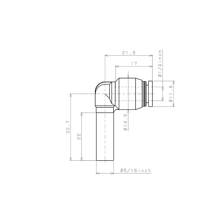 Bản vẽ kỹ thuật Đầu Nối Nhanh Khí Nén Giữa Ống Khí Và Fitting Dạng Nối Giảm Cong 90° Pisco PLGJ5/16-1/4