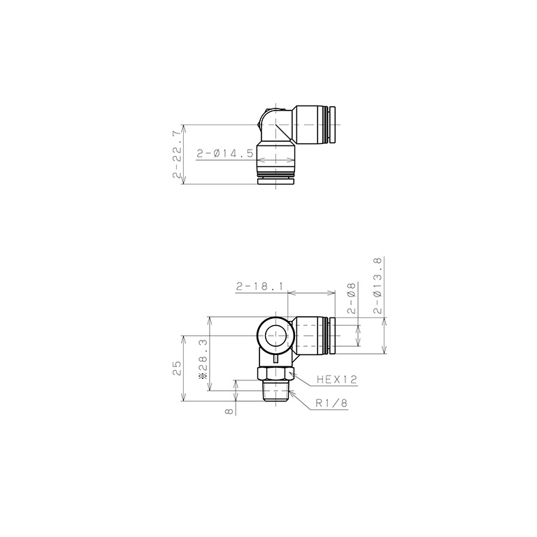 Bản vẽ kỹ thuật Đầu Nối Nhanh Khí Nén Hai Nhánh Chạc Ba Cong 90° Ren Ngoài Pisco PVX8-01