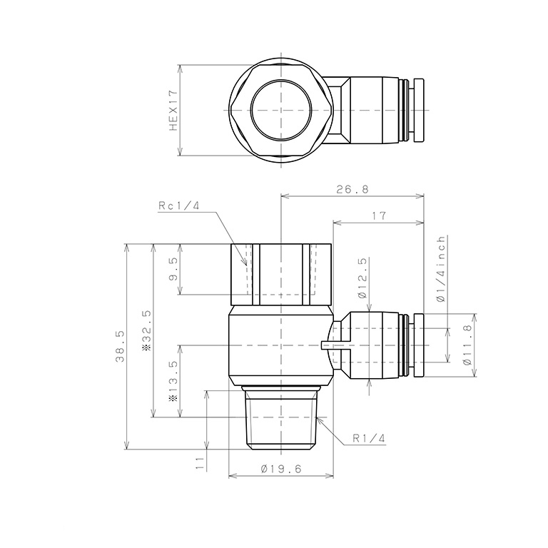 Bản vẽ kỹ thuật Đầu Nối Nhanh Khí Nén Cong 90° Đầu Lục Giác Trụ Ren Đực Cái Pisco PHF1/4-02