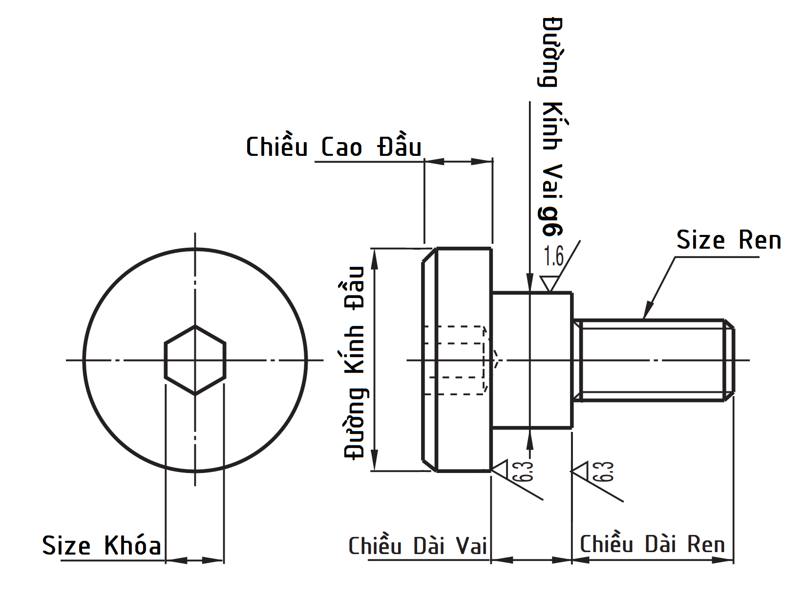 Bản vẽ kỹ thuật Bulong Vai Lục Giác - Độ Chính Xác Cao D4x1 CBDGR4-1