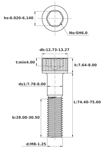 Bản vẽ kỹ thuật Lục Giác Chìm Đầu Trụ Inox 316 DIN912 M8x75 Ren Lửng