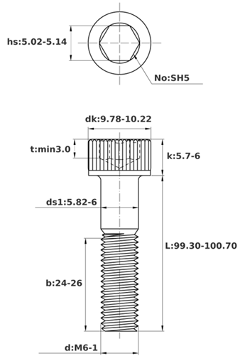 Bản vẽ kỹ thuật Lục Giác Chìm Đầu Trụ Inox 304 DIN912 M6x100 Ren Lửng