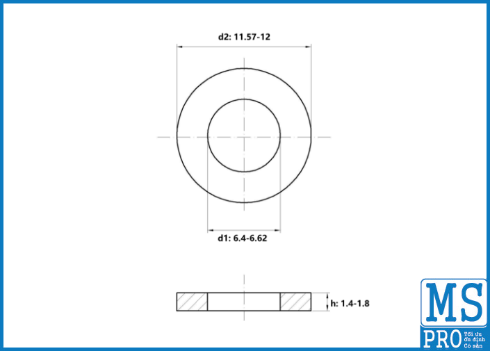 Bản vẽ kỹ thuật Lông Đền Phẳng Thép Đen DIN125 M6