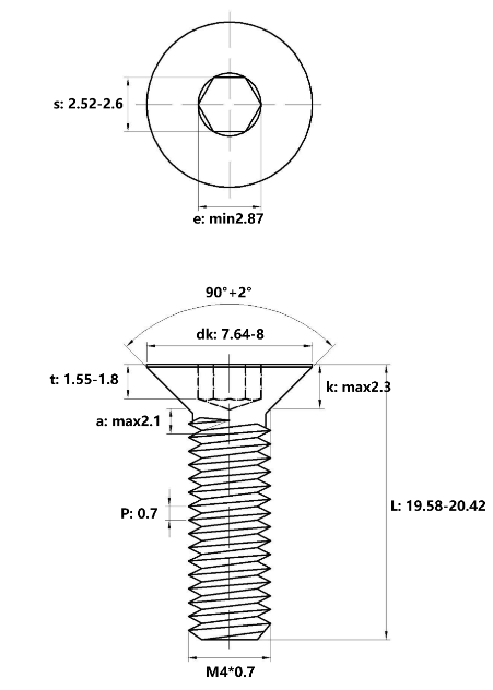 Bản vẽ kỹ thuật Lục Giác Chìm Col Thép Đen 10.9 DIN7991 M4x20 (50Cái/Bịch)