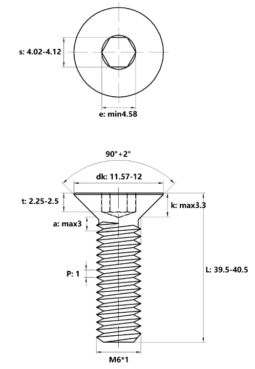 Bản vẽ kỹ thuật Lục Giác Chìm Col Thép Đen 10.9 DIN7991 M6x40