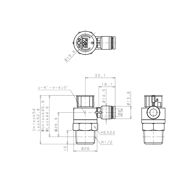 Bản vẽ kỹ thuật Van Tiết Lưu Khí Nén Loại Khóa Đẩy Có Hiển Thị Chỉ Số Pisco JSGC8-04ALW
