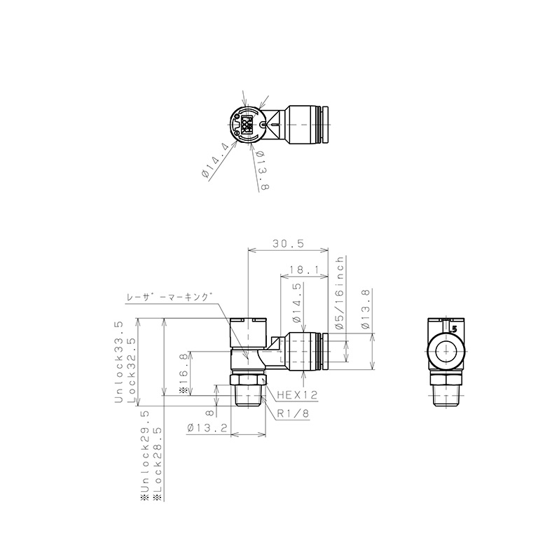 Bản vẽ kỹ thuật Van Tiết Lưu Khí Nén Loại Khóa Đẩy Có Hiển Thị Chỉ Số Pisco JSGC5/16-01ALW