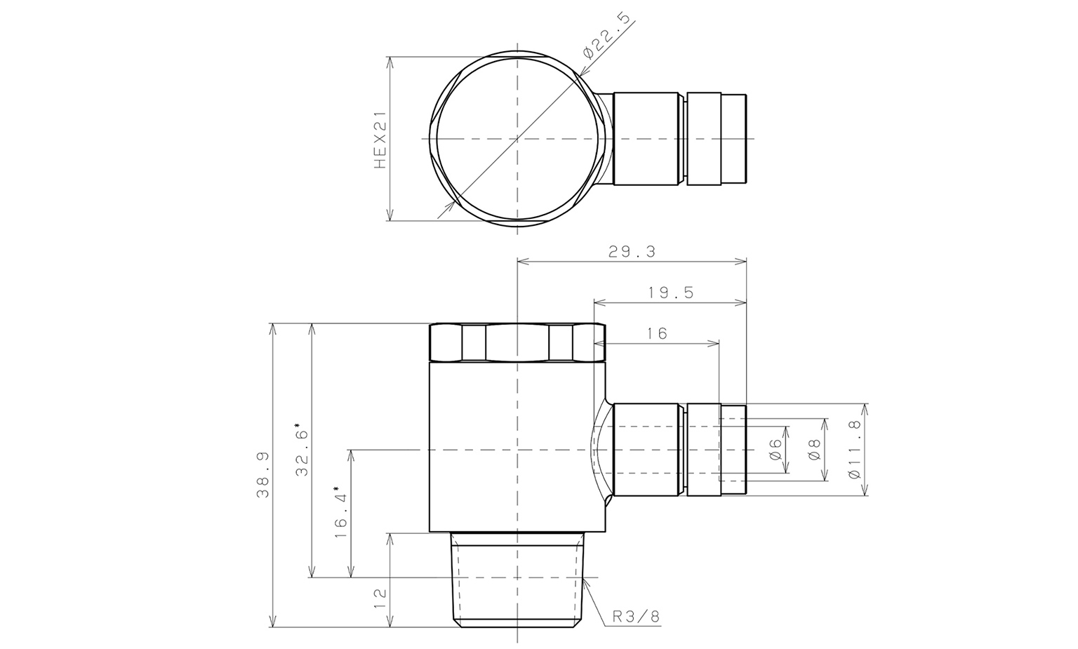 Bản vẽ kỹ thuật Đầu Nối Nhanh Khí Nén Cong 90° Đầu Lục Giác Trụ Ren Ngoài Pisco KH6-03-F