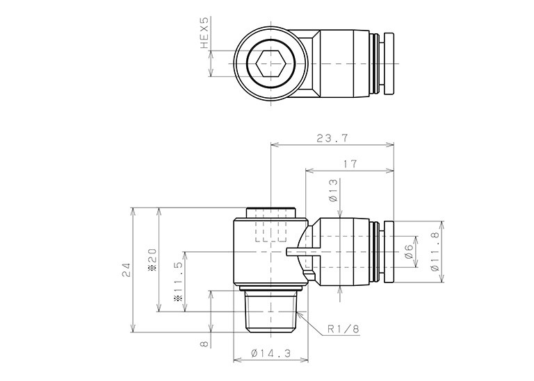 Bản vẽ kỹ thuật Đầu Nối Nhanh Khí Nén Dạng Cong 90° Đầu Lục Giác Chìm Ren Ngoài Pisco POL6-01-C
