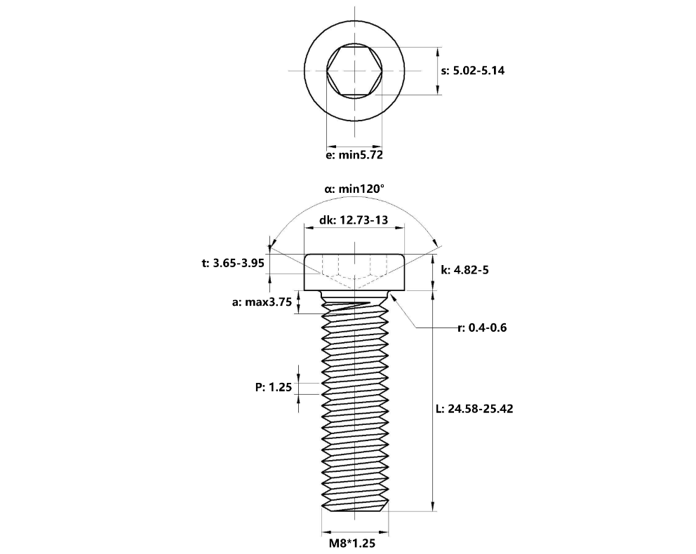 Bản vẽ kỹ thuật Lục Giác Trụ Đầu Thấp Thép Đen 12.9 DIN7984 M8x25