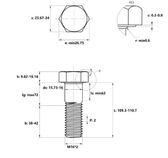 Bản vẽ kỹ thuật Bulong Inox 316 DIN931 M16x110 Ren Lửng
