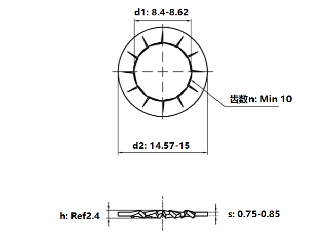 Bản vẽ kỹ thuật Lông Đền Răng Trong Loại J Thép Mạ Kẽm Trắng Cr3+ 4.8 DIN6798J M8