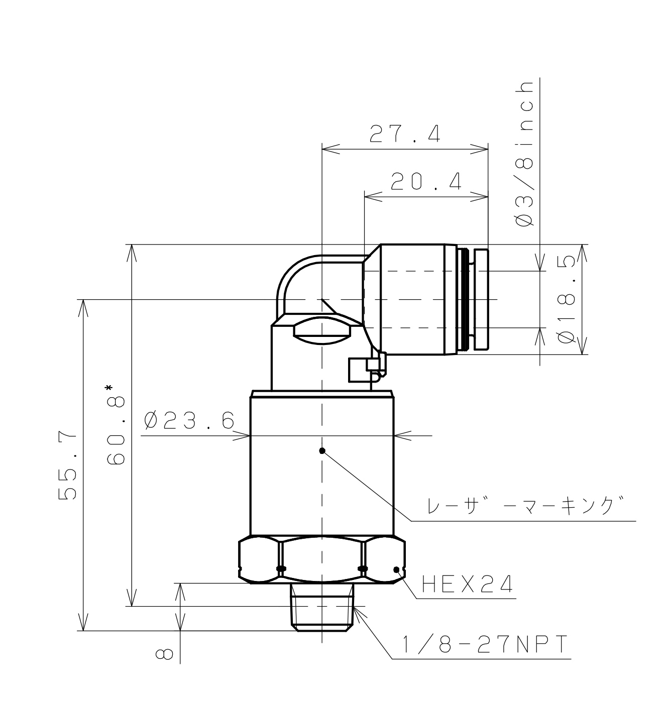 Bản vẽ kỹ thuật Đầu Nối Nhanh Khí Nén Dạng Cong 90° Ren Ngoài Có Khớp Xoay Pisco RAL3/8-N1SUS