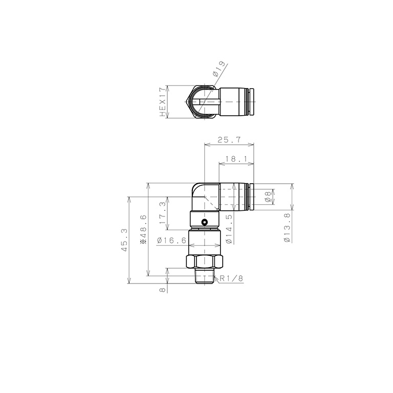 Bản vẽ kỹ thuật Đầu Nối Nhanh Khí Nén Dạng Cong 90° Ren Ngoài Có Khớp Xoay Tốc Độ Cao Pisco RHL8-01