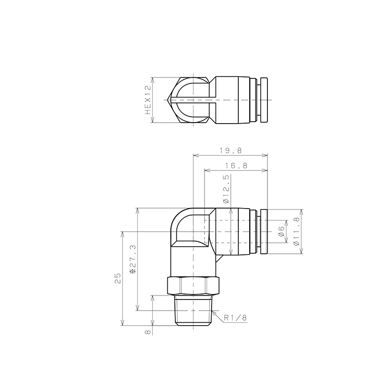 Bản vẽ kỹ thuật Đầu Nối Nhanh Khí Nén Dạng Cong 90° Ren Ngoài Pisco SPPL6-01