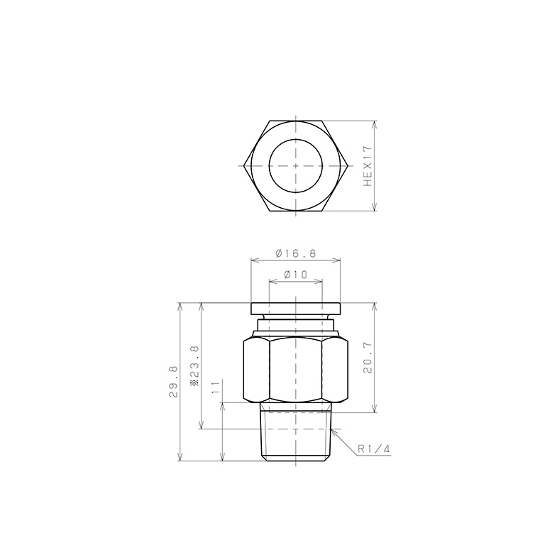 Bản vẽ kỹ thuật Đầu Nối Nhanh Khí Nén Dạng Thẳng Thân Lục Giác Ren Ngoài Pisco SPPC10-02SP