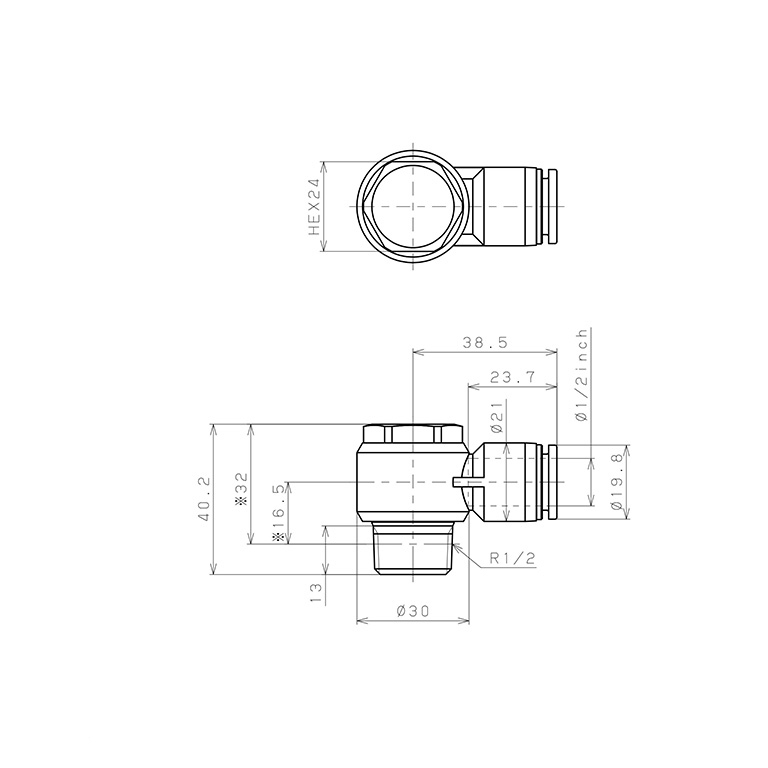 Bản vẽ kỹ thuật Đầu Nối Nhanh Khí Nén Cong 90° Đầu Lục Giác Trụ Ren Ngoài Pisco PH1/2-04
