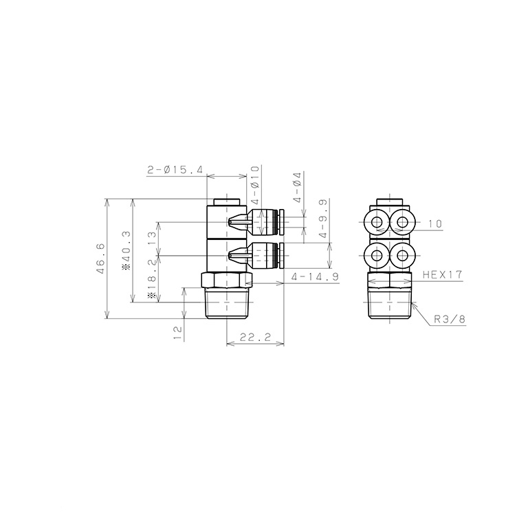 Bản vẽ kỹ thuật Đầu Nối Nhanh Khí Nén Bốn Nhánh Cong 90° Thân Lục Giác Trụ Ren Ngoài Pisco PAW4-03