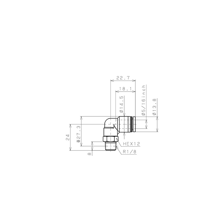 Bản vẽ kỹ thuật Đầu Nối Nhanh Khí Nén Dạng Cong 90° Ren Ngoài Pisco PL5/16-01-C