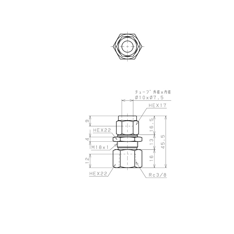 Bản vẽ kỹ thuật Đầu Ngạnh Nối Ống Có Đai Ốc Xiết Dạng Lắp Vách Ren Trong Pisco NSMF1075-03