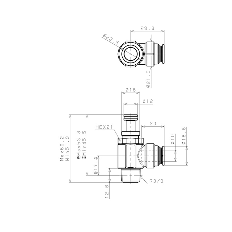 Bản vẽ kỹ thuật Van Tiết Lưu Khí Nén Chân Kim, Đồng Mạ Niken Pisco KJNC10-03-1-F