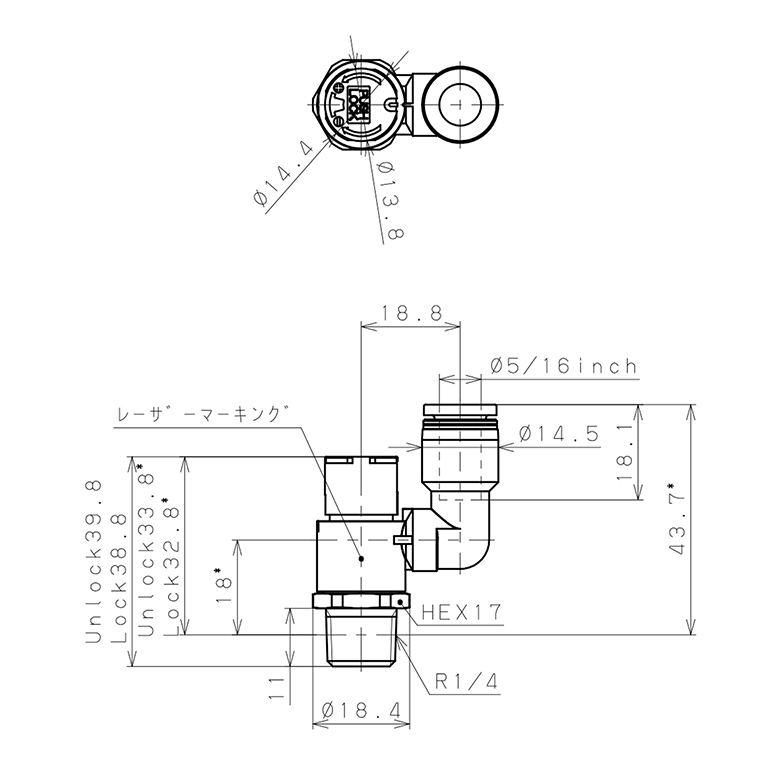 Bản vẽ kỹ thuật Van Tiết Lưu Khí Nén Loại Khóa Đẩy Có Hiển Thị Chỉ Số Pisco JSGS5/16-02BLW