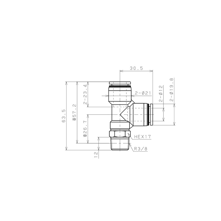 Bản vẽ kỹ thuật Đầu Nối Nhanh Khí Nén Dạng Chữ T Ren Ngoài Pisco PD12-03