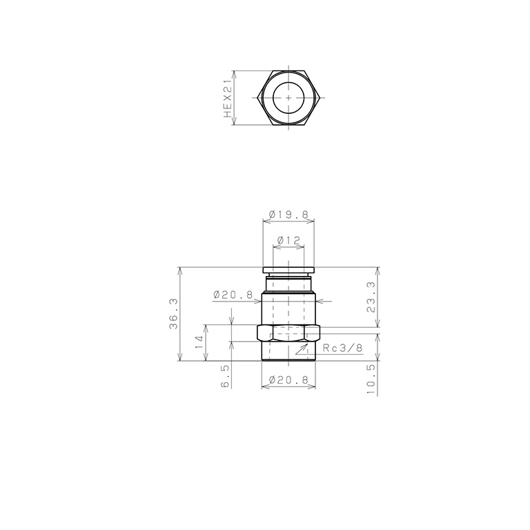Bản vẽ kỹ thuật Đầu Nối Nhanh Khí Nén Dạng Thẳng Ren Trong Pisco PCF12-03W