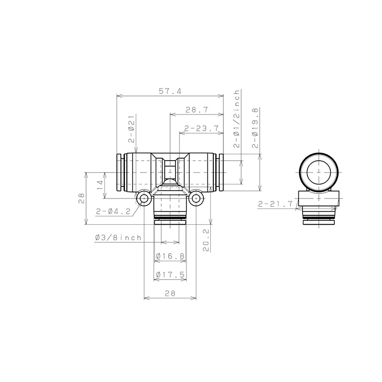 Bản vẽ kỹ thuật Đầu Nối Nhanh Khí Nén Chữ T Dạng Nối Giảm Pisco PEG1/2-3/8
