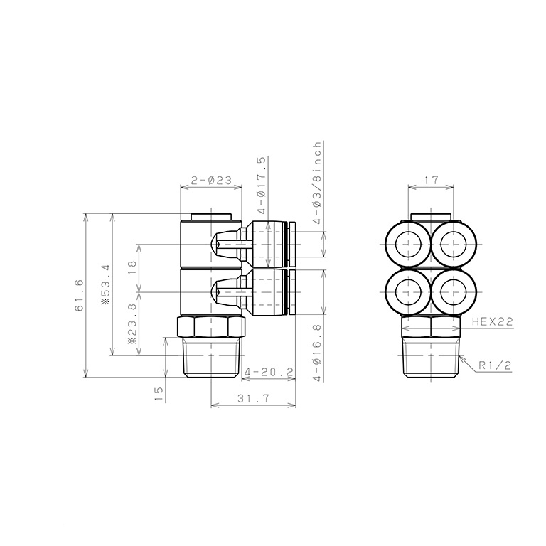 Bản vẽ kỹ thuật Đầu Nối Nhanh Khí Nén Bốn Nhánh Cong 90° Thân Lục Giác Trụ Ren Ngoài Pisco PAW3/8-04