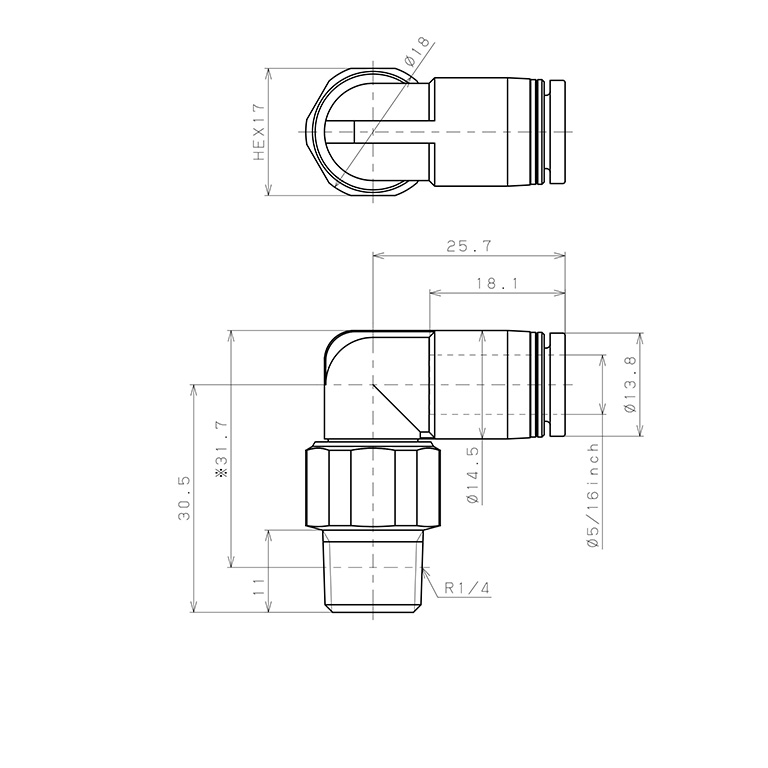Bản vẽ kỹ thuật Đầu Nối Nhanh Khí Nén Dạng Cong 90° Ren Ngoài Có Khớp Xoay Pisco RL5/16-02