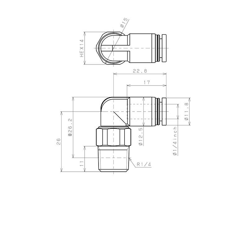 Bản vẽ kỹ thuật Đầu Nối Nhanh Khí Nén Dạng Cong 90° Ren Ngoài Có Khớp Xoay Pisco RL1/4-02