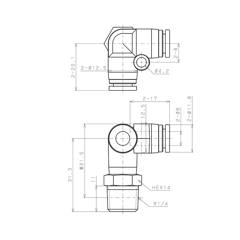 Bản vẽ kỹ thuật Đầu Nối Nhanh Khí Nén Hai Nhánh Chạc Ba Cong 90° Ren Ngoài Pisco SPVX6-02