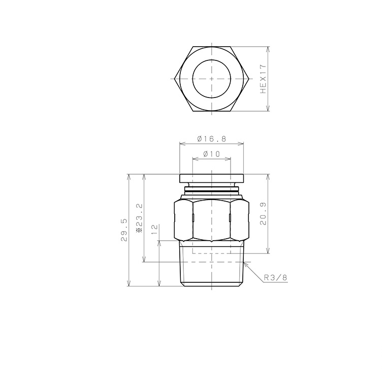 Bản vẽ kỹ thuật Đầu Nối Nhanh Khí Nén Dạng Thẳng Thân Lục Giác Ren Ngoài Pisco PPC10-03SUS-C