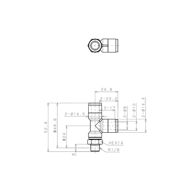 Bản vẽ kỹ thuật Đầu Nối Nhanh Khí Nén Dạng Chữ T Ren Ngoài Pisco KD8-01