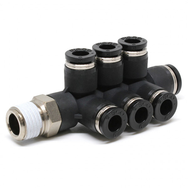 Đầu Nối Nhanh Khí Nén Dạng Chữ T Sáu Nhánh Ren Ngoài Pisco PKVD8-6-02W