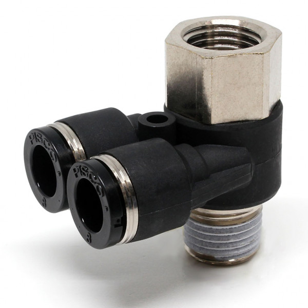 Đầu Nối Nhanh Khí Nén Hai Nhánh Cong 90° Đầu Lục Giác Trụ Ren Đực Cái Pisco PAF8-02W