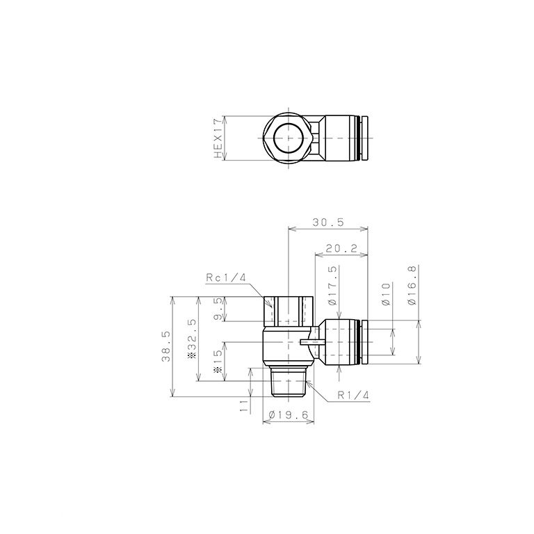 Bản vẽ kỹ thuật Đầu Nối Nhanh Khí Nén Cong 90° Đầu Lục Giác Trụ Ren Đực Cái Pisco PHF10-02-C