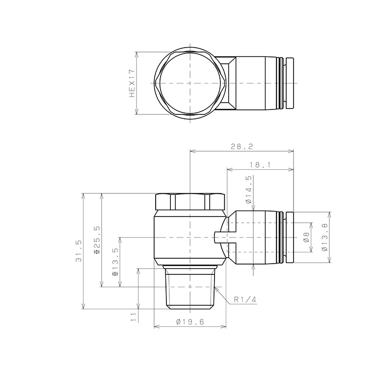 Bản vẽ kỹ thuật Đầu Nối Nhanh Khí Nén Cong 90° Đầu Lục Giác Trụ Ren Ngoài Pisco PH8-02-C